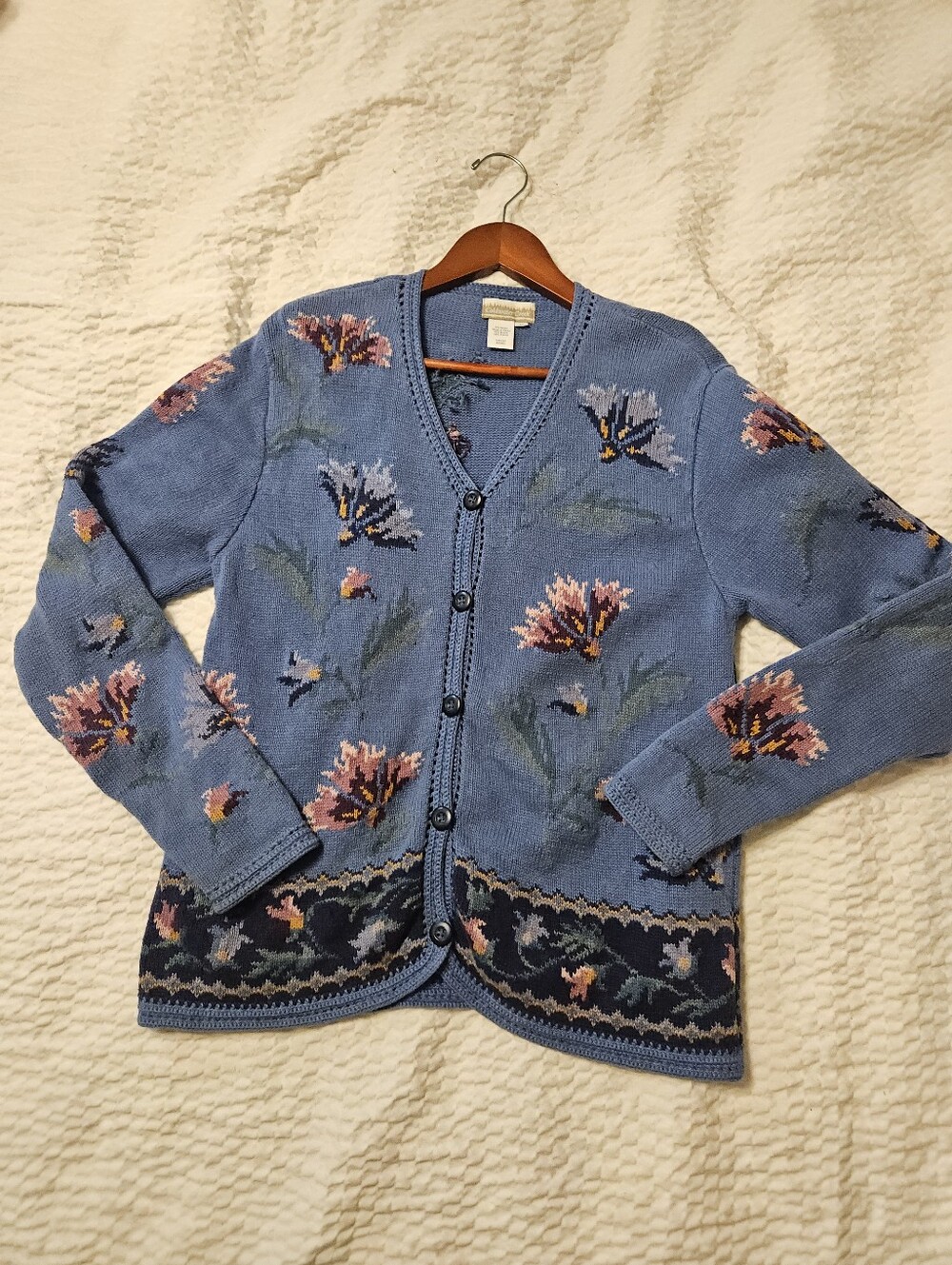 Coldwater Creek Vintage Blue Floral Knit Cardigan Sweater Medium Cottagecore - Picture 14 of 16